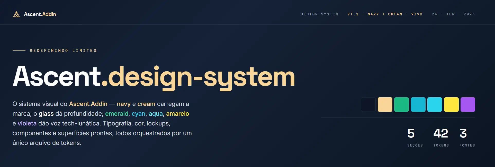 Ascent.design-system home screen showing the navy + cream palette, color tokens, and v1.3 counts.